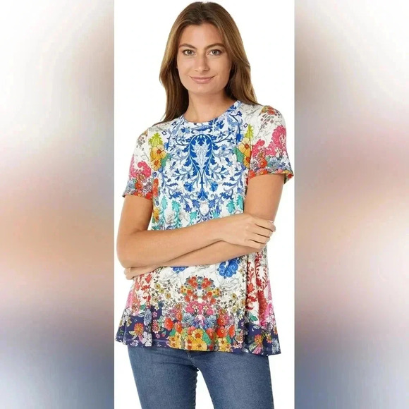 Johnny Was NWT Shellinay Favorite Short Crew Swing Shirt Tee Colorful Floral SM - Picture 3 of 11
